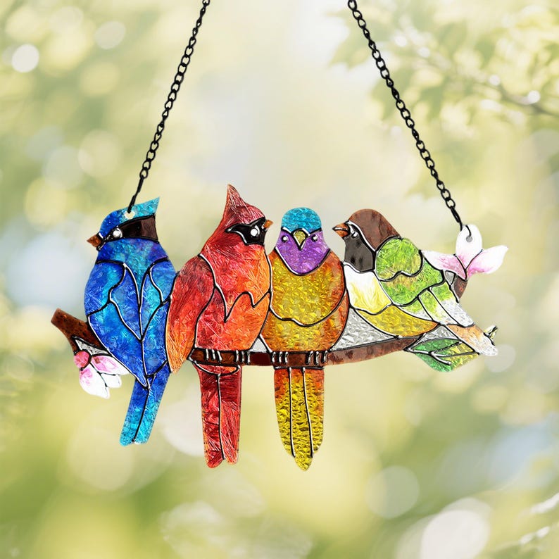 Stained Glass Birds Suncatcher, Garden Home Decor Gift