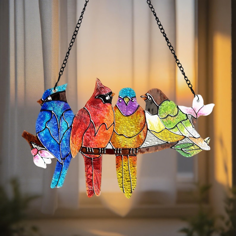 Stained Glass Birds Suncatcher, Garden Home Decor Gift