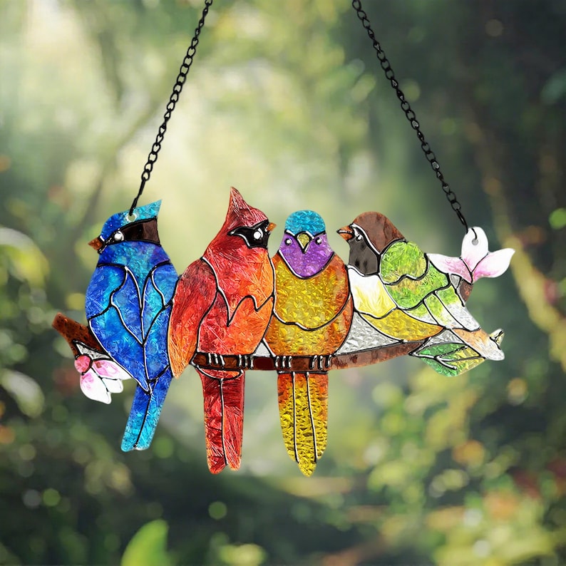 Stained Glass Birds Suncatcher, Garden Home Decor Gift