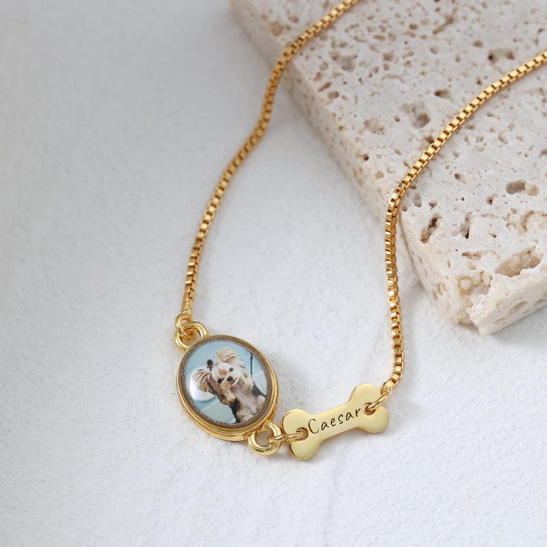 Personalized Pet Photo Bracelet, Custom Name Engraving & Pet Memorial Charm Jewelry
