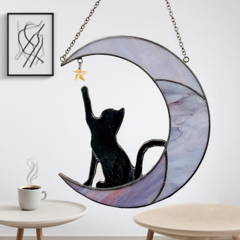 Stained Glass Cat on Crescent Moon Suncatcher