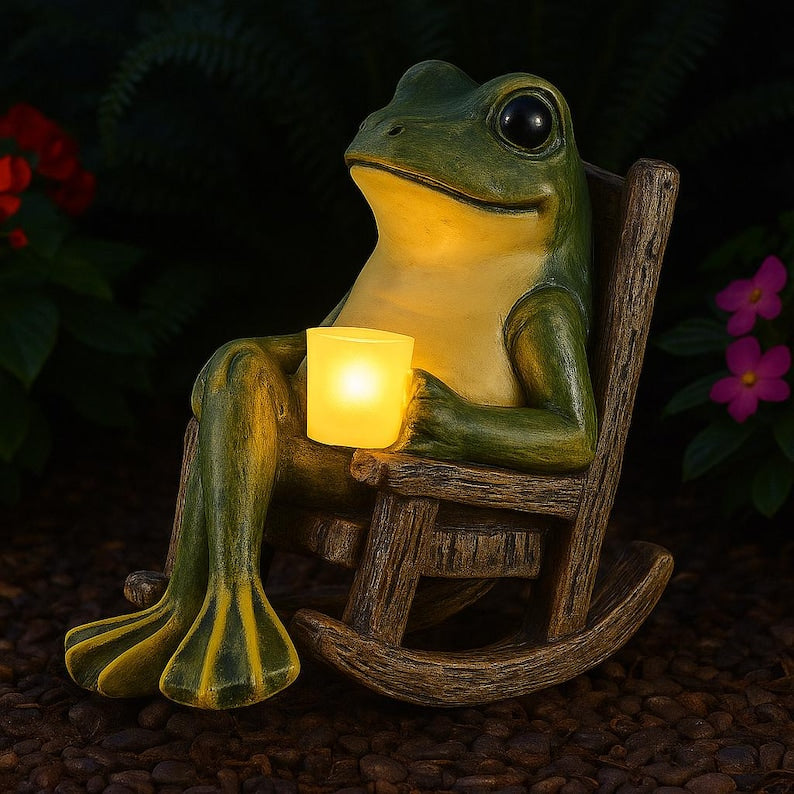 Solar Frog Garden Statue with LED Light, Resin Lawn Ornament
