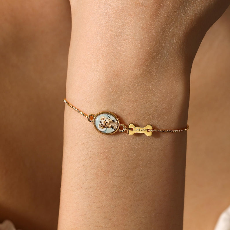 Personalized Pet Photo Bracelet, Custom Name Engraving & Pet Memorial Charm Jewelry