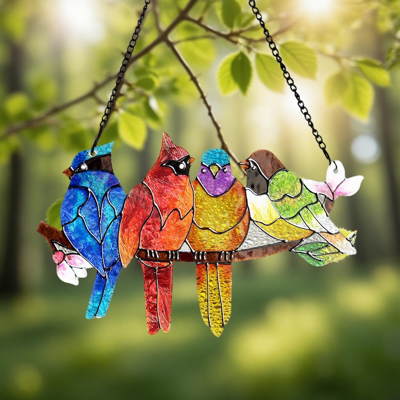 Stained Glass Birds Suncatcher, Garden Home Decor Gift