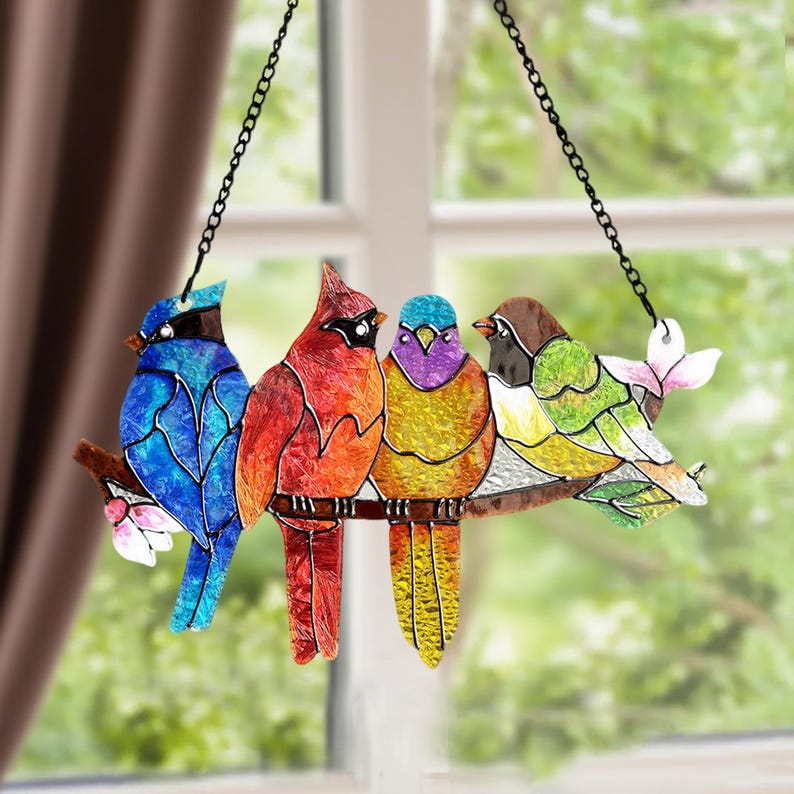Stained Glass Birds Suncatcher, Garden Home Decor Gift