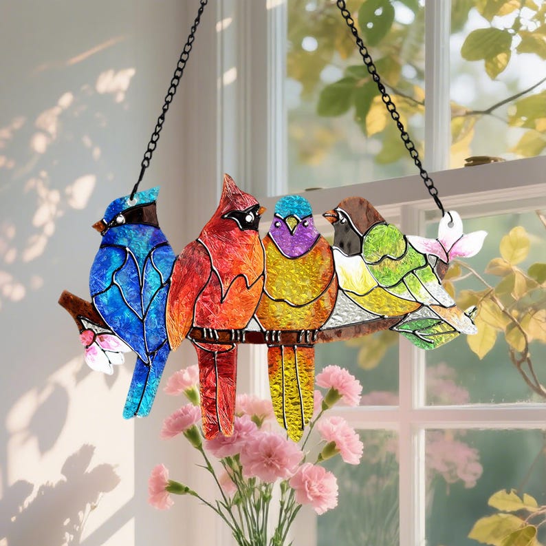 Stained Glass Birds Suncatcher, Garden Home Decor Gift