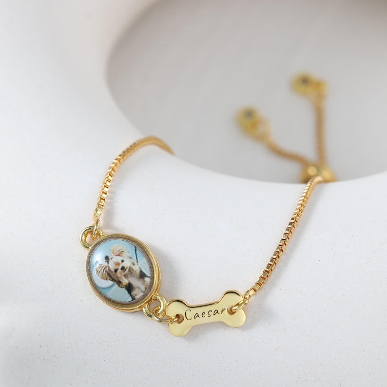 Personalized Pet Photo Bracelet, Custom Name Engraving & Pet Memorial Charm Jewelry