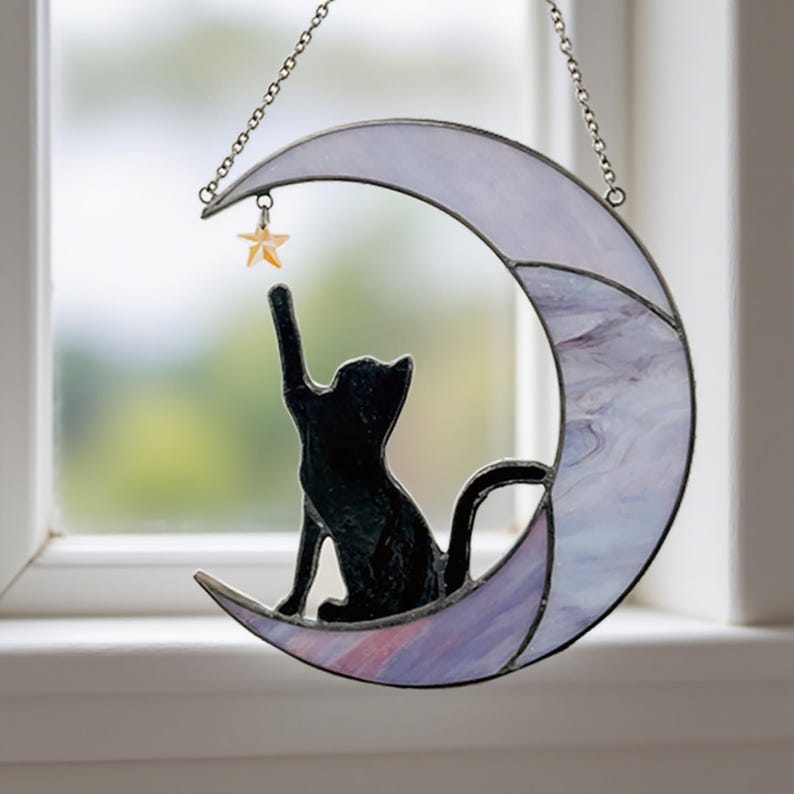 Stained Glass Cat on Crescent Moon Suncatcher