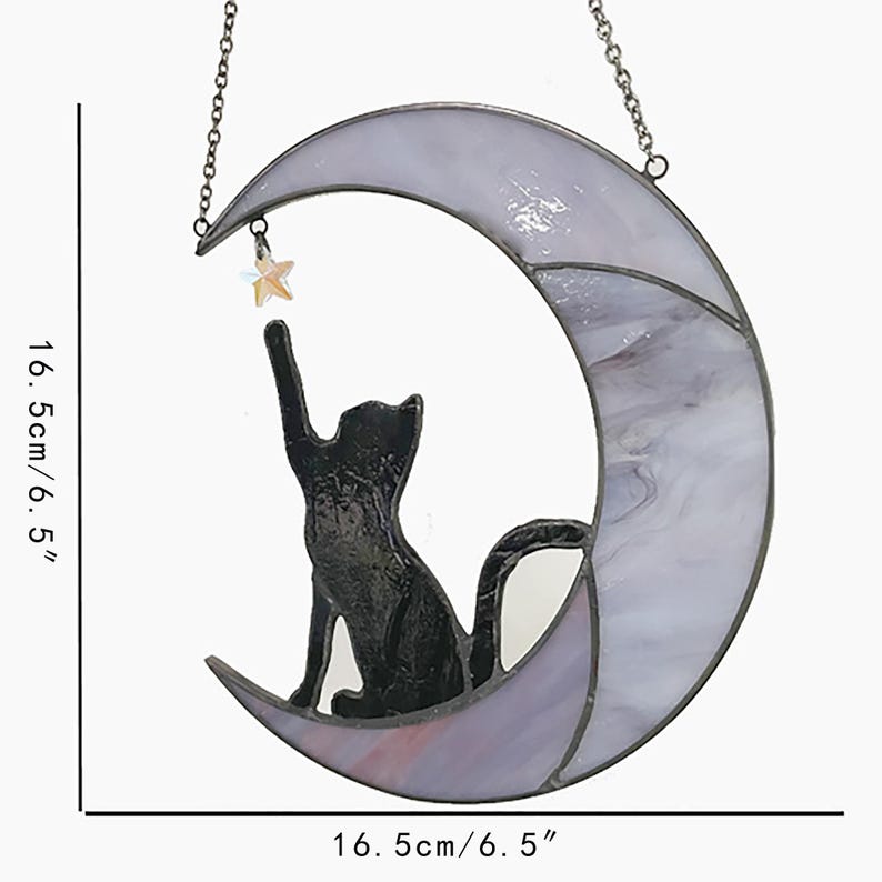 Stained Glass Cat on Crescent Moon Suncatcher