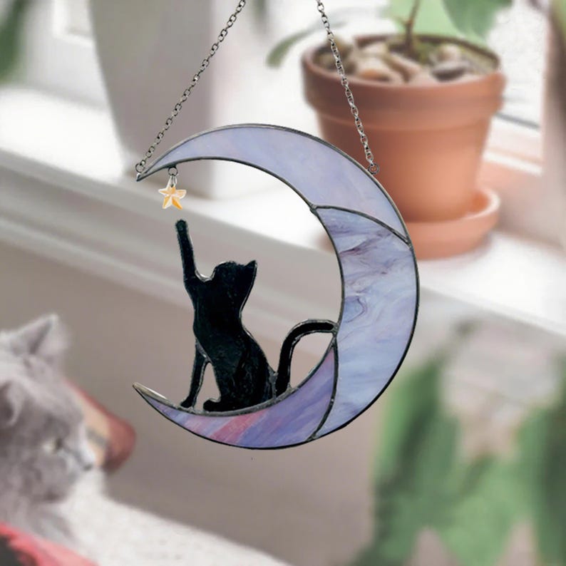 Stained Glass Cat on Crescent Moon Suncatcher
