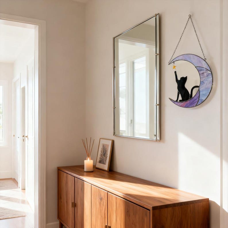 Stained Glass Cat on Crescent Moon Suncatcher