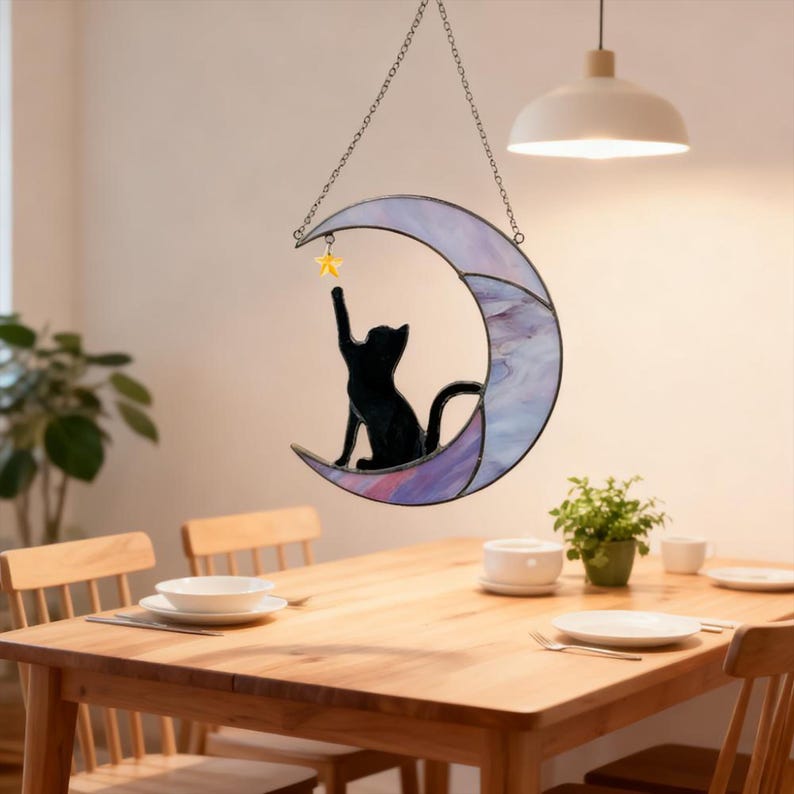 Stained Glass Cat on Crescent Moon Suncatcher