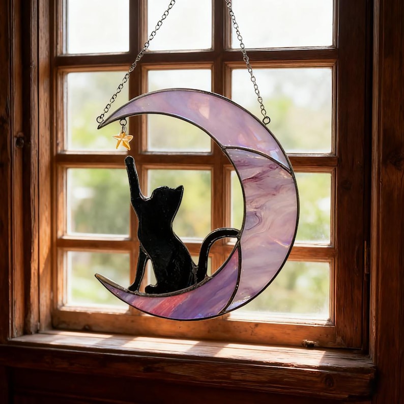 Stained Glass Cat on Crescent Moon Suncatcher