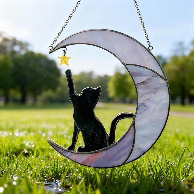 Stained Glass Cat on Crescent Moon Suncatcher