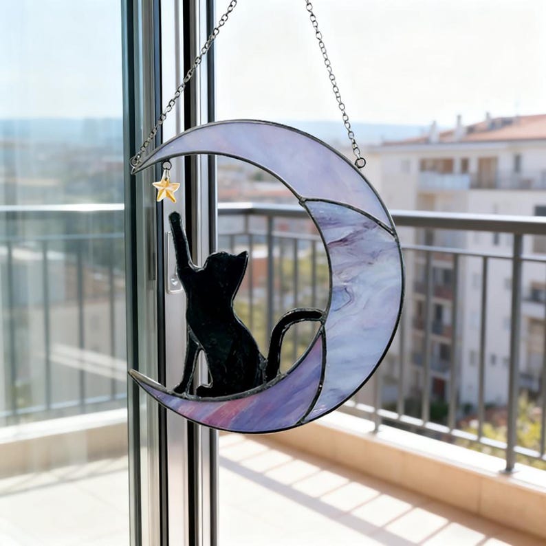 Stained Glass Cat on Crescent Moon Suncatcher