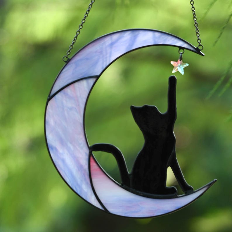 Stained Glass Cat on Crescent Moon Suncatcher