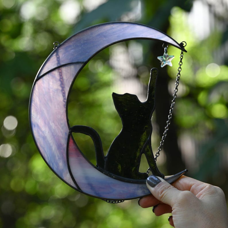 Stained Glass Cat on Crescent Moon Suncatcher