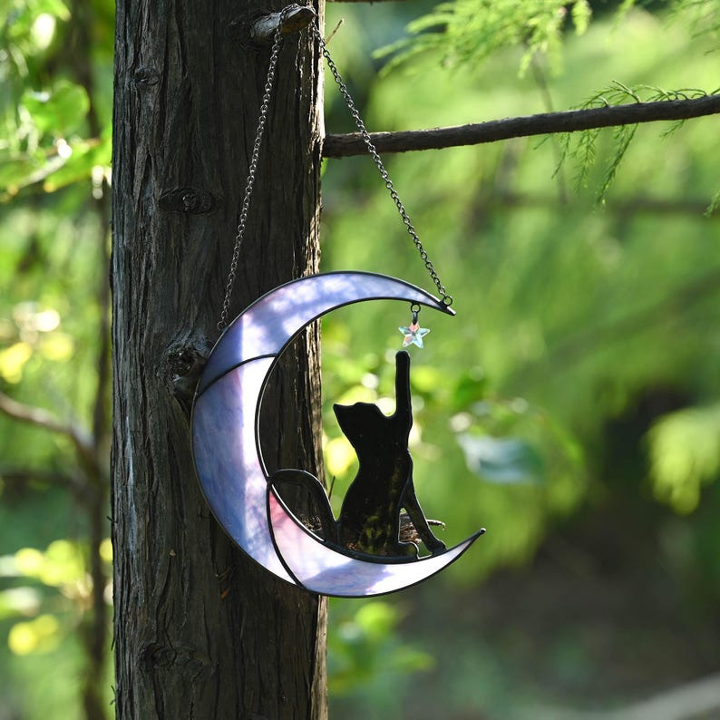 Stained Glass Cat on Crescent Moon Suncatcher