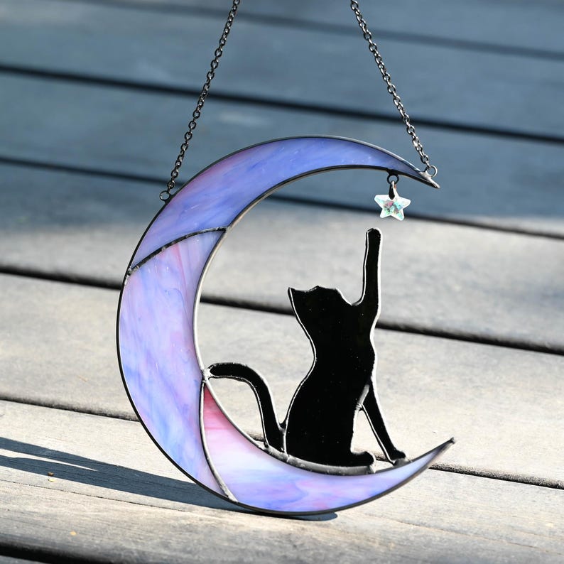 Stained Glass Cat on Crescent Moon Suncatcher