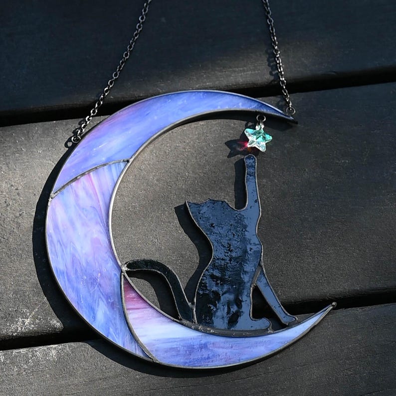 Stained Glass Cat on Crescent Moon Suncatcher