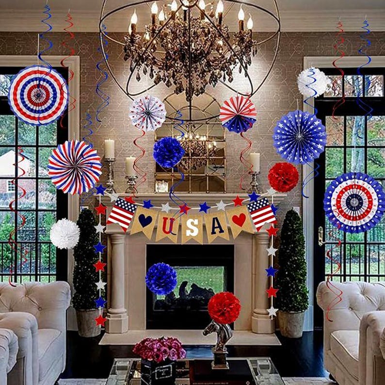 Patriotic Party Decoration Set, 26 Pieces – Love USA Banner, Paper Fans & Swirls