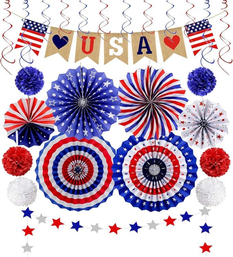 Patriotic Party Decoration Set, 26 Pieces – Love USA Banner, Paper Fans & Swirls