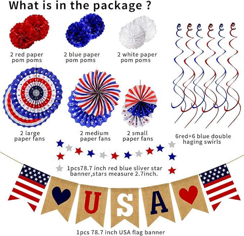 Patriotic Party Decoration Set, 26 Pieces – Love USA Banner, Paper Fans & Swirls