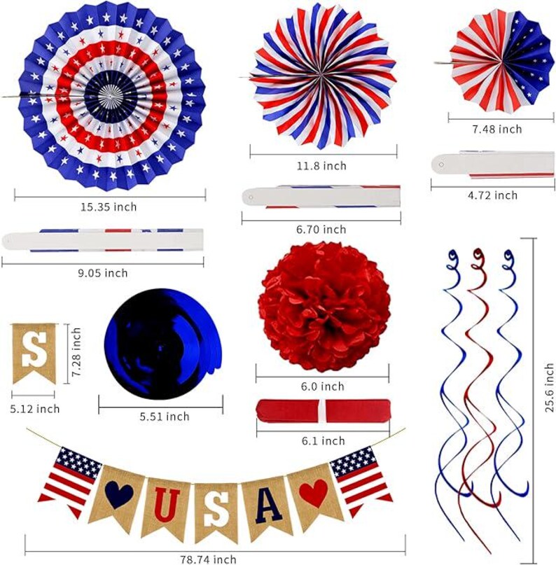 Patriotic Party Decoration Set, 26 Pieces – Love USA Banner, Paper Fans & Swirls