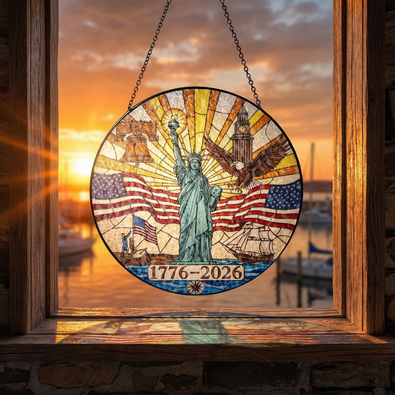250th Anniversary USA Stained Glass Suncatcher – Patriotic Eagle Window Decor