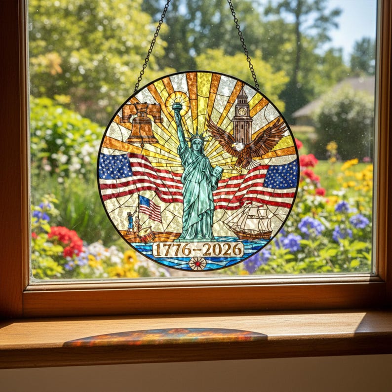250th Anniversary USA Stained Glass Suncatcher – Patriotic Eagle Window Decor