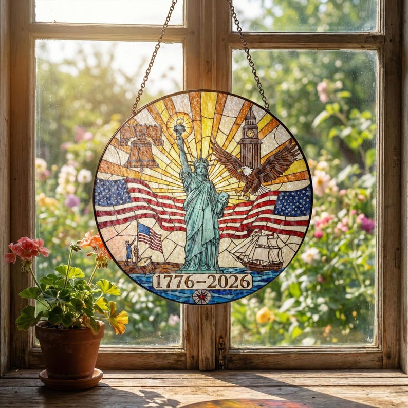 250th Anniversary USA Stained Glass Suncatcher – Patriotic Eagle Window Decor