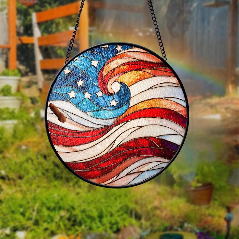 USA 250th Anniversary Stained Glass Suncatcher – Patriotic Flag Decor
