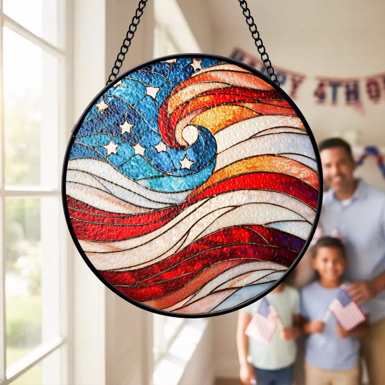 USA 250th Anniversary Stained Glass Suncatcher – Patriotic Flag Decor