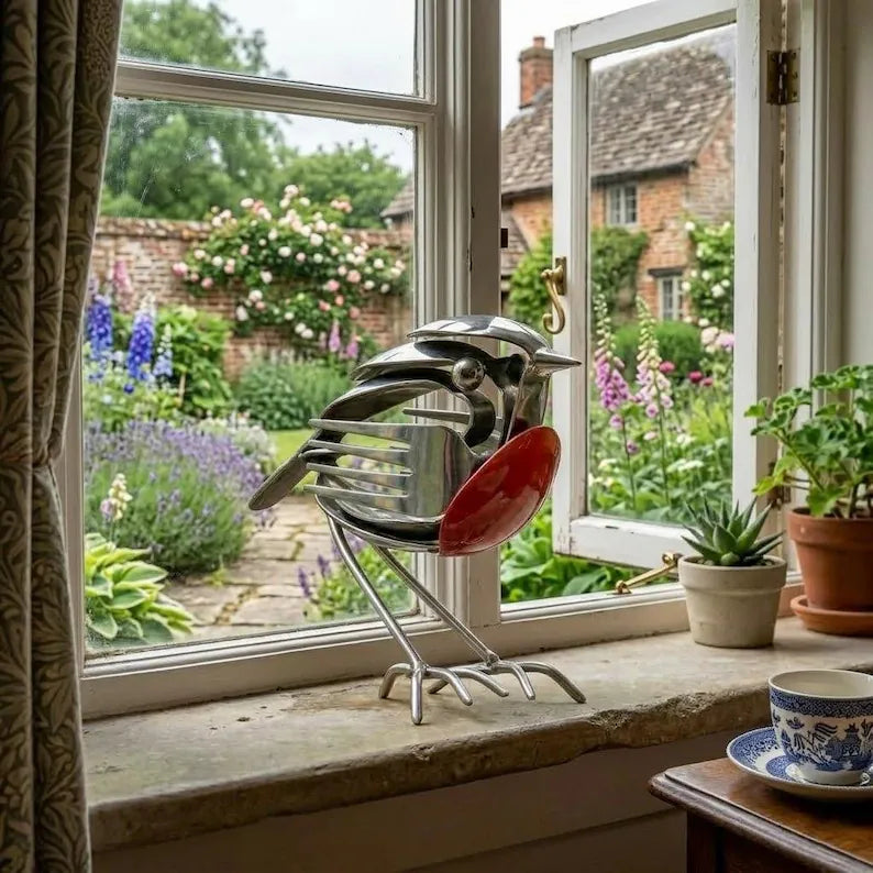 Summer Hot Sale Handmade Upcycled Cutlery Robin Sculpture, Metal Bird Art Decor