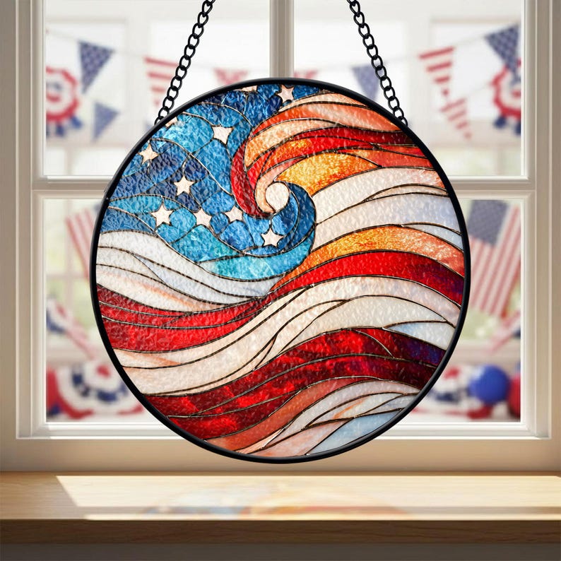 USA 250th Anniversary Stained Glass Suncatcher – Patriotic Flag Decor