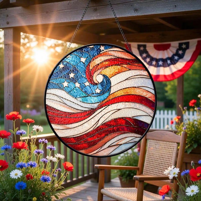 USA 250th Anniversary Stained Glass Suncatcher – Patriotic Flag Decor