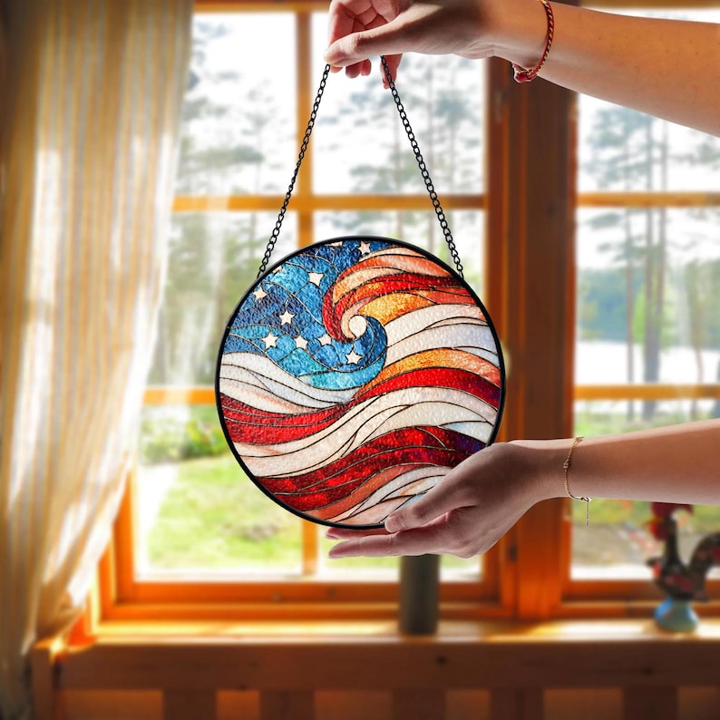 USA 250th Anniversary Stained Glass Suncatcher – Patriotic Flag Decor