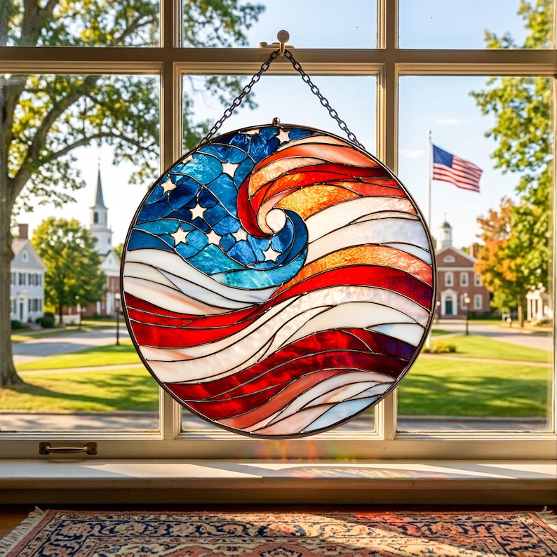 USA 250th Anniversary Stained Glass Suncatcher – Patriotic Flag Decor