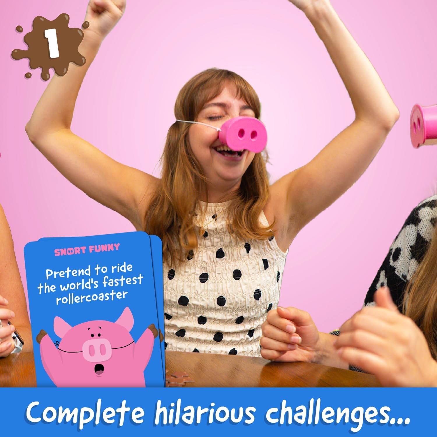 Jeu de société Snort Challenge – Jeu de cartes amusant pour la famille et les amis avec des museaux de cochon, 150 tâches et des jetons de boue | 8 ans et plus, 4 à 8 joueurs