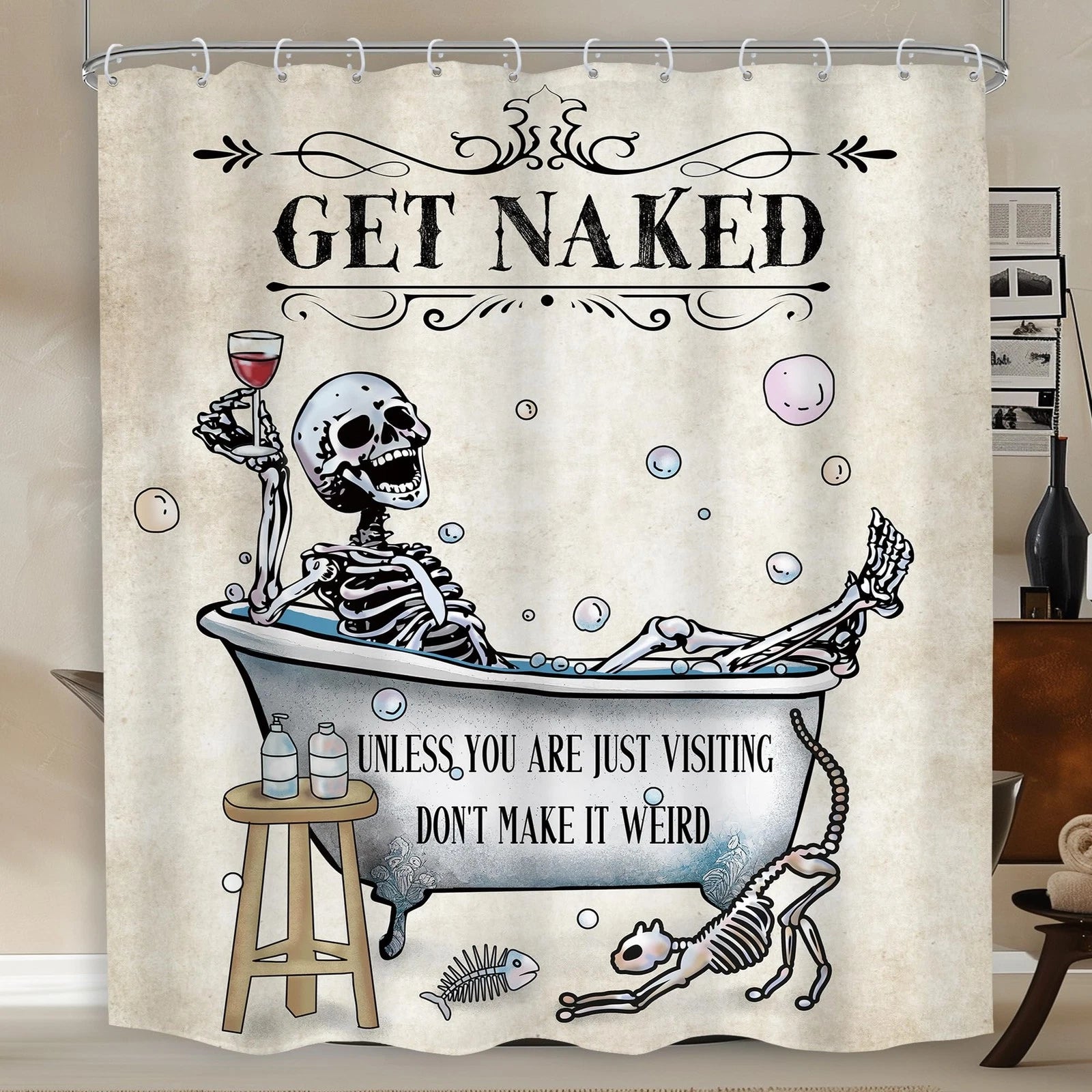 Funny Skull Skeleton Shower Curtain Extra Long Cool Unique Gothic Spooky Bone
