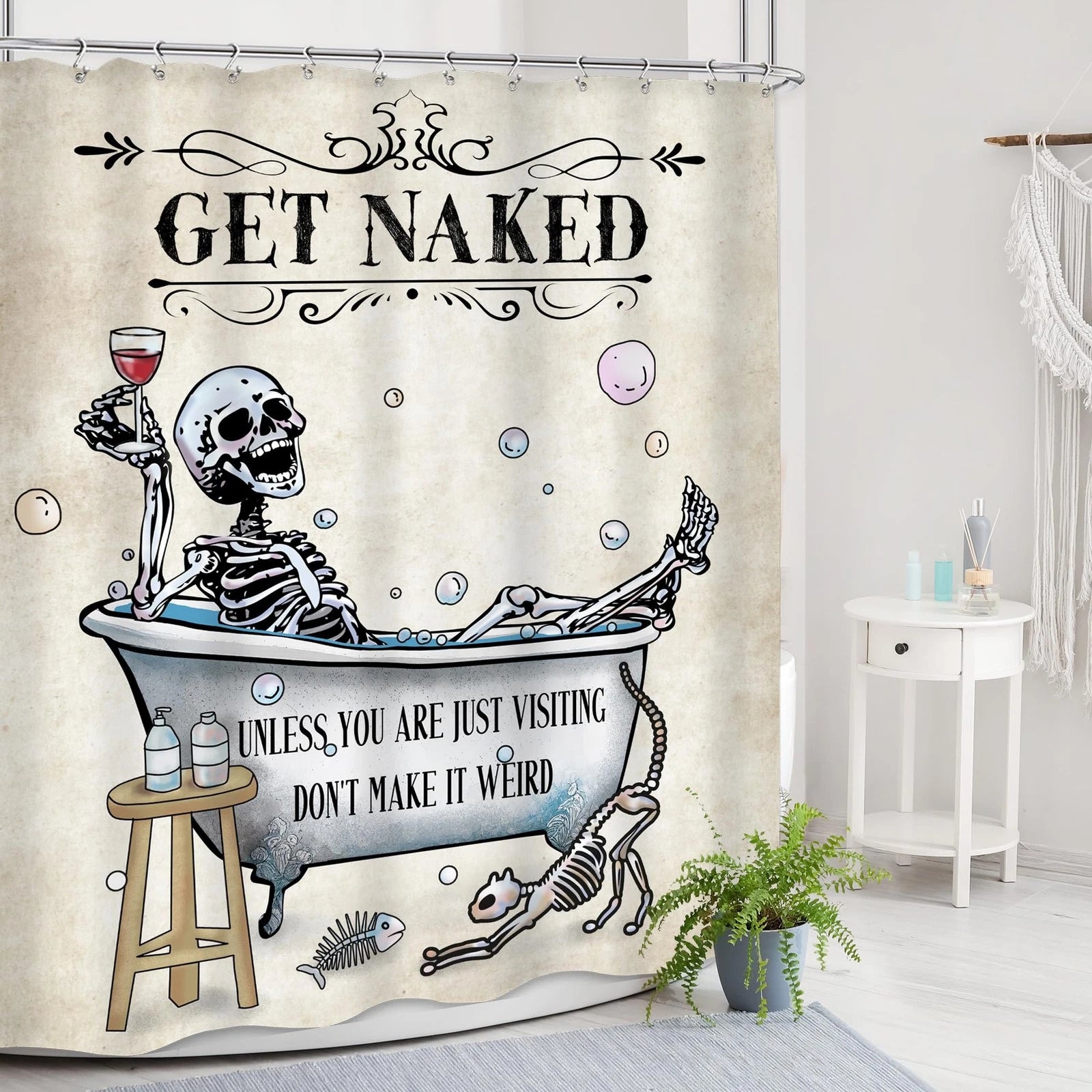 Funny Skull Skeleton Shower Curtain Extra Long Cool Unique Gothic Spooky Bone