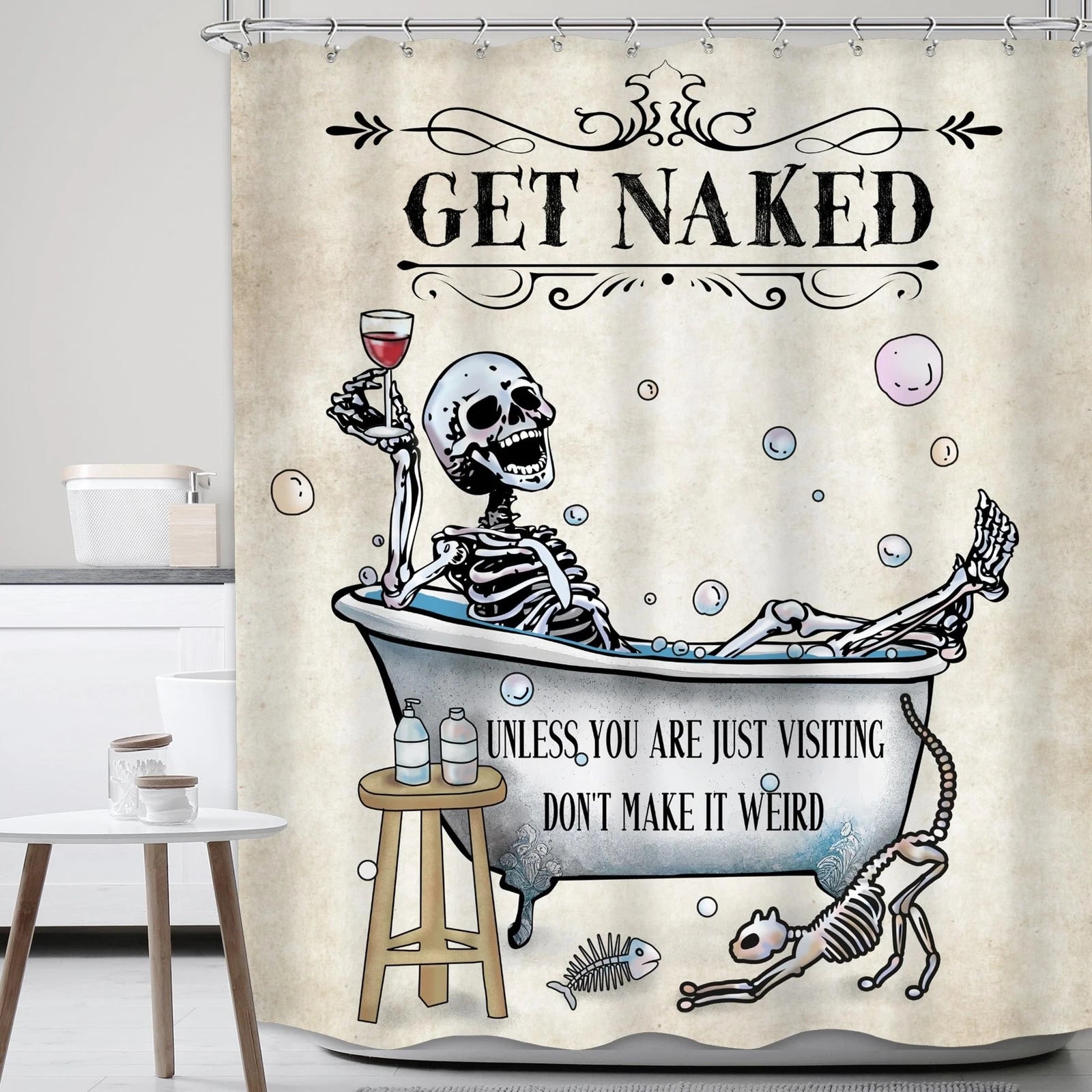 Funny Skull Skeleton Shower Curtain Extra Long Cool Unique Gothic Spooky Bone