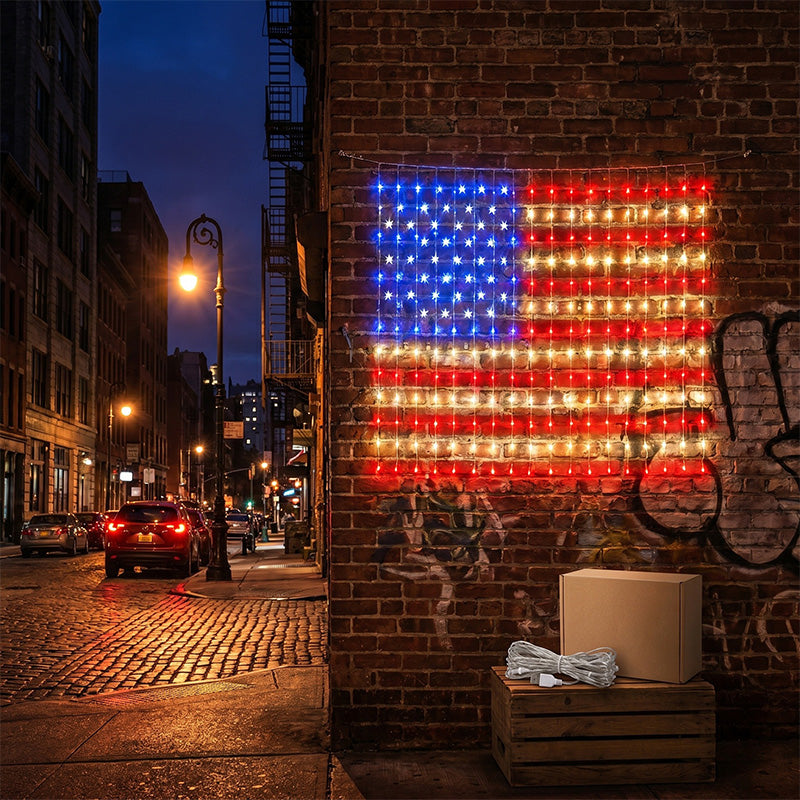 Patriotic American Flag Net Lights – USB Powered & Waterproof